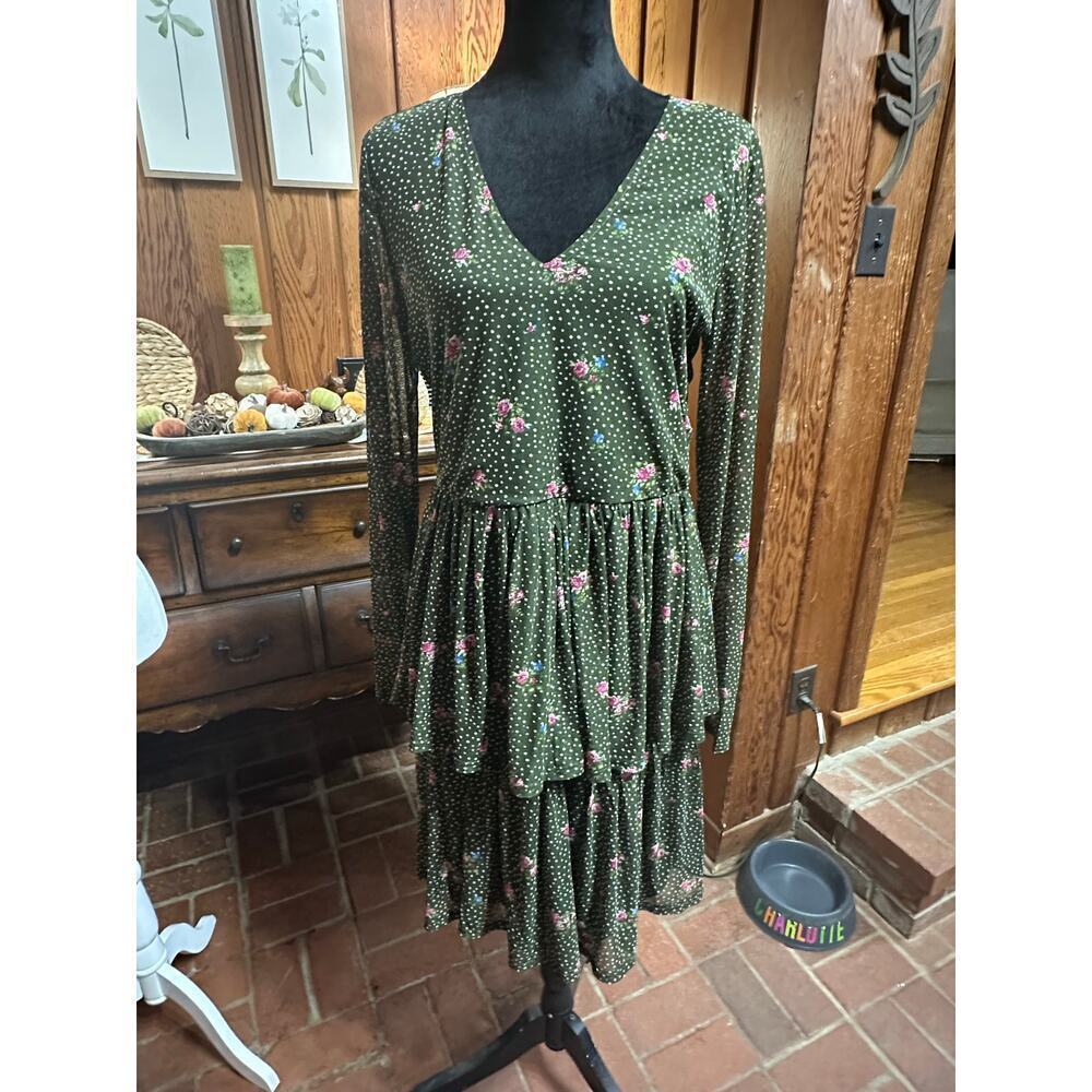 AVLN Studio Green Floral Tiered Dress Sheer Long Sleeve Fairy Forest Whimsical L - Picture 11 of 12